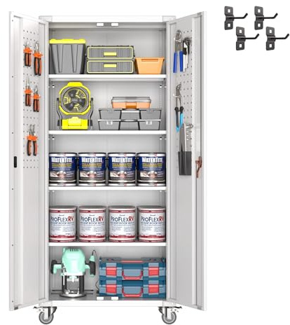 SUPEER Armoire à outils en métal avec panneau perforé, roues verrouillables, 4 étagères réglables en hauteur, en tôle d'acier revêtue par poudre, serrure, pour garage, 183 x 80 x 40 cm