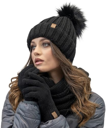 Vivisence Set Invernale da Donna Cappello con Pom-PON in Pelliccia Sintetica, Scaldacollo Avvolgente E Guanti Realizzati in Filato Caldo Perfetti per Il Freddo, Nero,Taglia Unica