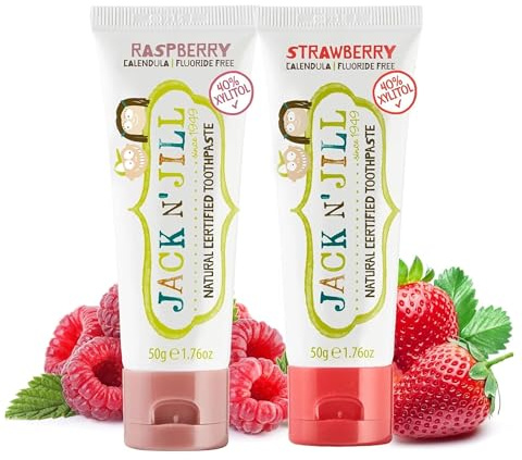Jack N’ Jill Natural Certified Kids Toothpaste – Fluoride-Free Toddler & Baby Toothpaste with 40% Xylitol, No Sugar, Suitable from 6 Months+, Raspberry & Strawberry Flavour, Pack of 2 (50g Each)
