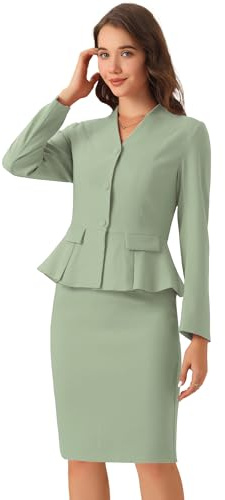 Allegra K Conjunto de 2 piezas de traje de negocios para mujer, manga larga, sin cuello, peplum, blazer, faldas lápiz, Verde guisante., M