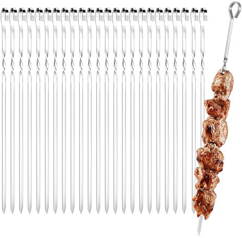 Srvauyea 25 Pièces Pique Brochette Inox, 30cm Brochette Barbecue, Brochettes de Kebab en Acier Inoxydable, Réutilisables Bâtonnets à Brochettes Plats pour Barbecue, Viande, Légumes