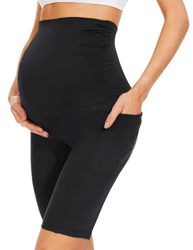 BIOECEUA Maternity Shorts Over Bumps with Pockets, High Waisted Belly Support Pregnancy Leggings Pants Trousers for Bike Cycling Yoga Workouts