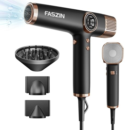 Faszin Professional Hair Dryer – Lightweight Hairdryer with Diffuser, Low Noise, 200 Million Ionic, 110,000 RPM High-Speed Motor for Women & Men, Home or Travel