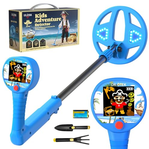 DR.ÖTEK Détecteur de métaux pour enfants avec écran coloré et bobine d'éclairage de 15,2 cm, détecteur de métaux léger pour enfants avec poignée en caoutchouc lisse, excellent cadeau pour garçons et