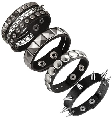YFHUVB Studded Bracelet, Punk Rock Accessories for Music Festivals, Adjustable Goth Jewellery for Halloween Party Favors, Emo Style 4-Piece Set，Fits 7-8 Inch Wrists