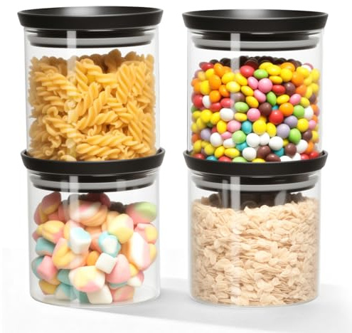AiQInu Barattoli con coperchio, 4x 600 ml Barattoli per spezie, contenitori in vetro con coperchio, set da 4 barattoli rotondi Contenitori in vetro per alimenti da cucina