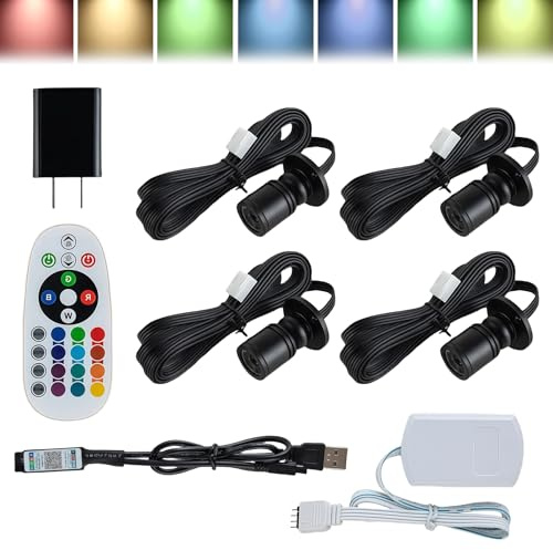 4 focos empotrados LED Mini Spot, 1 W, 180 °, para uso en interiores con mando a distancia Bluetooth, focos LED RGB de aluminio, iluminación de cuadros para pasillos, tiendas, vitrinas de joyería