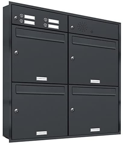 AL Briefkastensysteme, 4er Unterputzbriefkasten mit Klingel in Anthrazit Grau RAL 7016, 4 Fach wetterfeste Briefkastenanlage Design modern