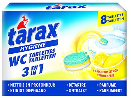 TARAX - Tablettes WC 3-en-1 - Action Nettoyante, Anti-Calcaire, Désodorisante - Efficace Même Sous l'Eau - Compatible Fosses Septiques - Senteur Citron - 8 Tablettes