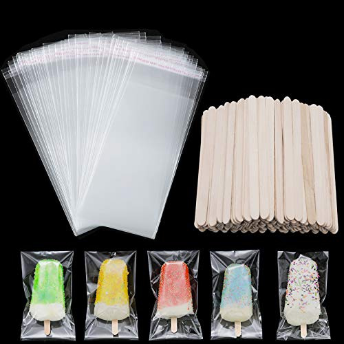 Boao 200 Pieces Ice Cream Sticks and Bags Set Included 100 Pcs Self Adhesive Clear Ice Pop Plastic Bag 100 Pcs Disposable Wooden Sticks Craft Stick for DIY Making Supply(4.49 Inch, 8.27 x 3.15 Inch)