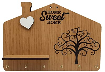 Fitwish Portachiavi da parete in legno MDF, con testo Home Sweet Home, stampa albero della vita e cuore a rilievo bianco con mensola, appendi chiavi da parete 6 ganci, color legno.Idea regalo