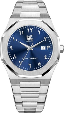 R&M ORIENT Herrenuhr mit arabischen Ziffern Edelstahl Analog Quarz Saphirglas Designer Große Armbanduhr Männer Mode Wasserdicht Uhr mit arabische Kalender Datum (Lamassu, Silber - Blau)