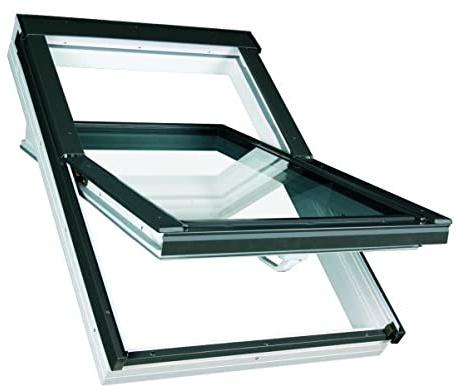 Fakro Group - Finestra per tetto in plastica, 78 x 118 cm, in PVC, con 2 vetri, pannello di ventilazione e telaio di copertura per mattoni, finestra basculante