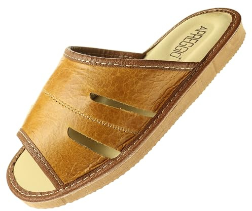 APREGGIO Pantofole Uomo in Pelle Estive - Suola in Gomma - Marrone Chiaro 46 EU