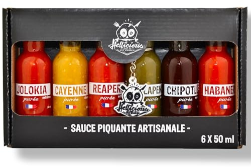 Hellicious - Coffret Sauce Piquante - 6 Purées de Piments Artisanales - Idée Cadeau Challenge Hot Ones - Habanero, Chipotle, Jalapeño - Fabriqué en France