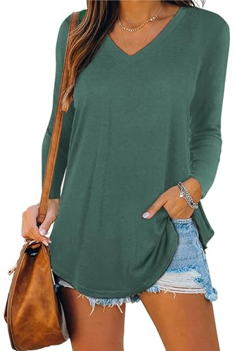 iChunhua Long Sleeve Tops Women V Neck Lightweight Longline Plain T-Shirts Green X-Large