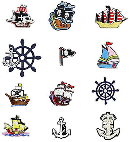 Guoguonb 12 Pieces Pirate Embroidery on Patches DIY Accessories Patches to Iron On Kids Flag Skull Sailboat Patches Cute Sewing Applique for Caps Bags Jeans Clothing Decorations
