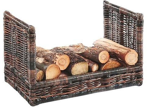 Kobolo Kaminholzablage Kaminholzregal - krabu Rattan - mit Leinenstoff - 75x44x45cm