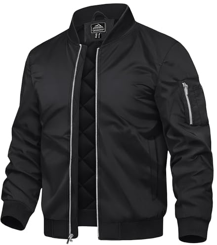 TACVASEN Mens Bomber Jacket Windproof Casual Winter Warm Varsity Jacket Zip Up Bomber Jackets with Pockets Black,L