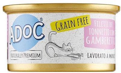 Adoc Naturally Premium, Alimento Umido Complementare per Gatti, Tonnetto con Gamberetti Grain Free, 24 Lattine da 85 g, in Gelatina, Senza Conservanti e Coloranti