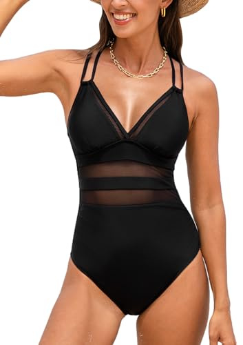 CUPSHE Maillot de bain une pièce pour femme avec col en V en tissu filet, découpes décoratives, bretelles doubles et serre-ventre - Maillot de bain pour la plage, Noir , L