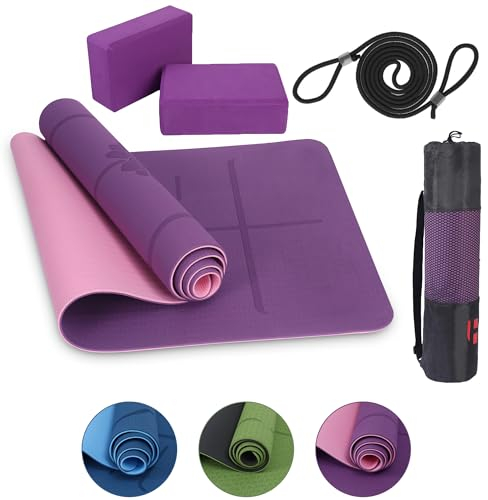 Habib Group Yogamtte Satz inklusive Yogablöcke - Rutschfeste Gepolsterte Trainingsmatte für Fitness Inklusive Yogagurt und Tasche - 2er Set YogaBlöcke für Pilates,Meditation,Erholung - Violett