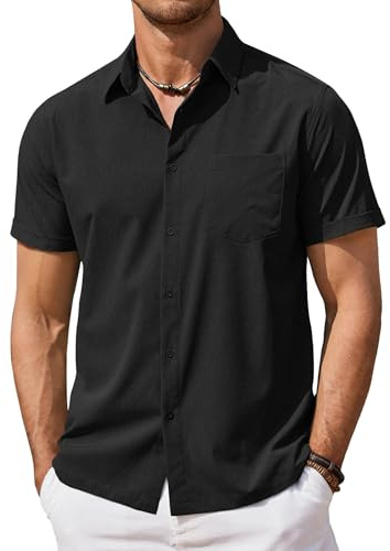 COOFANDY Mens Short Sleeve Casual Shirts Summer Beach Lightweight Stretch Shirts Regular Fit with Pocket Black M
