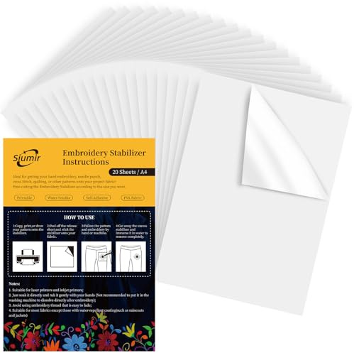 Siumir 20PCS Stabilisateur de Broderie, A4 (29.7x21cm) Soluble dans l'eau Auto-adhésif Stabilisateurs pour Couture, Imprimable Dessinable Papier pour Broderie à la Main et Machine