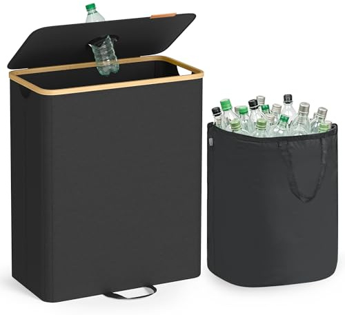 SONGMICS Pfandflaschen-Sammelbehälter, 135 L Pfandflaschen-Behälter, Flaschensammler Leergut, Recycling-Behälter, mit Loch, Deckel, Innensack mit Griffen, Küche, tintenschwarz-naturbeige RRB513B01