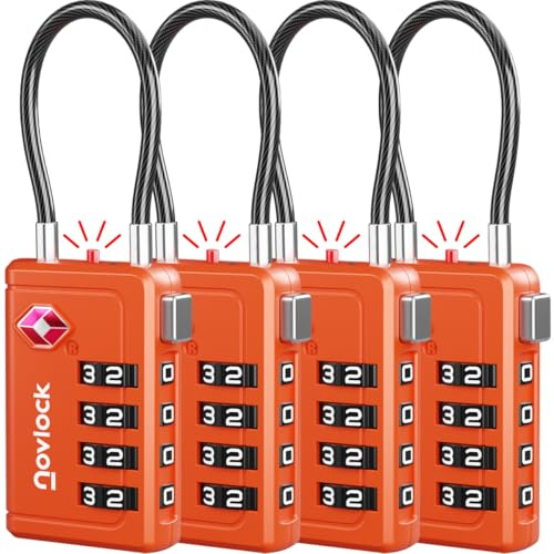 NOVLOCK Luggage Locks TSA Approved with Inspection Indicator and Resettable 4-Digit, Easy-to-Read Combination, TSA Locks for Luggage, Suitcases, Backpacks & Travel Bags, Orange, 4-Pack