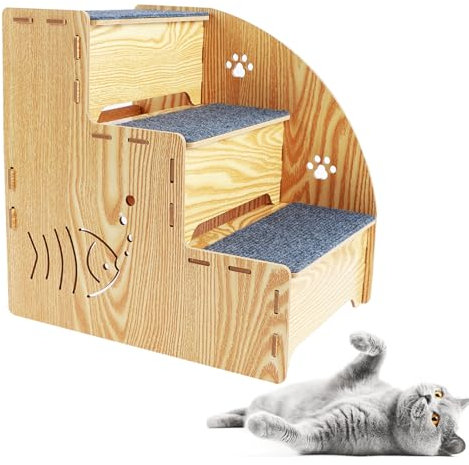 Haustiertreppe,Treppe 3 Stufen,Katzentreppe aus natürlichem Holz,35cm Tiertreppe,Stabil und rutschfest,Katzentreppe Hunderampe für kleine,mittelgroße und große Hunde