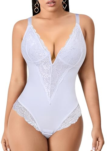 YARRCO Body Gainant Femme Ventre Plat String Gaine Amincissante Body Sculptant Bodysuit Shapewear Col V Dentelle Corset Minceur Invisible