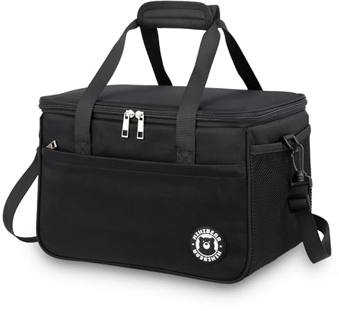 HIHIBEAR Bolsa Termica Porta Alimentos 9L, [ Forro de PEVA resistente a las fugas ] Bolsa Nevera Porta Alimentos, Bolsa Comida Trabajo, Lunch Bag, Bolsa de Almuerzo Oficina Viaje Picnic (Negro, 16L)