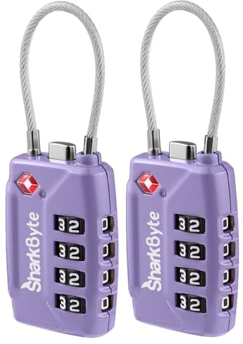 SharkByte Lot de 2 cadenas à combinaison approuvés par la TSA - Cadenas de sécurité à 4 chiffres - Câble flexible pour valises, bagages, sacs de voyage, casier de gym - Petit cadenas avec code