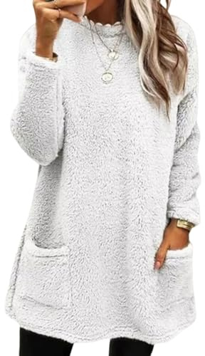 Sudaderas sin Capucha Mujer Jersey de Forro Polar Suelto Sólido Manga Larga Suéter con Bolsillos Sudadera Mujer Oversize Manga Larga Otoño Casual Cuello Crew Sin Capucha