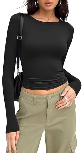 MOLERANI Women's Slim Fit Crop Tops Long Sleeve Solid Color T-Shirt Y2K Crew Neck Ladies Tops Black M