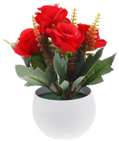 PRETYZOOM Artificial Rose Potted Plant Faux Greenery Desktop Ornament for Home Office Decor Easy Care Simulation Bonsai for Living Room Bedroom Kitchen and Study Room