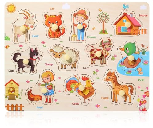 Vbxvsa Steckpuzzle aus Holz, Bauernhof Tierisches Lernspielzeug, Motorikspielzeug, 29.5x22cm, für Bildung, Wohnzimmer