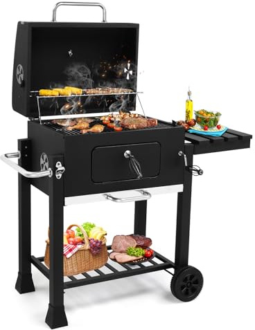 LEADZM Holzkohlegrill mit klappbarem Seitentisch und Rädern, robuster BBQ Grill für Garten, Terrasse und Outdoor Grillabende, 116 × 57 × 108 cm