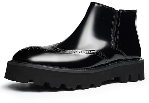 WinDhana Men’s Leather Boots Full-Grain Cowhide Zipped Chelsea Side-Zip Wingtip Brogue Platform Dress Casual 25897 Black US 6