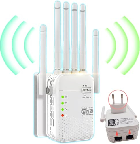 WiFi-repeater, kraftfull WiFi-signalförstärkare, 6 antenner, 2 LAN-portar, 360° täckning, Wifi-förstärkare täcker 9 800 kvadratmeter, lämplig för hem och kontor