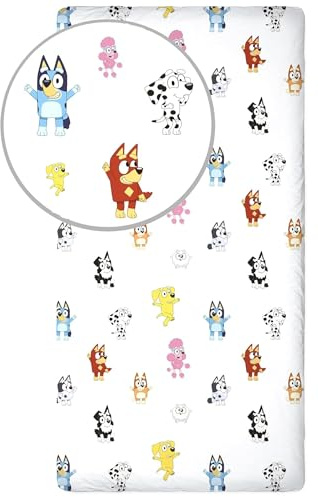 Bluey Sängkläder i Vitt av 100% mjuk bomull | Enkelsängskläder med elastiska hörn, 90 × 200 + 25 cm | Barnsängkläder, officiellt licensierad Bluey-produkt