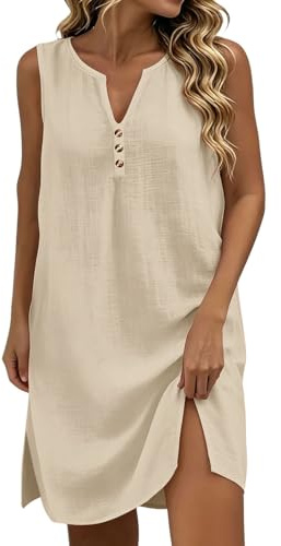 Robe Femme Coton Et Lin Été Elegant Robes Col en V sans Manches Décontractée Plage Robe Femme de Loisirs Ample Habillée Ete Fluide Confortable Robes de plage Douce pour Vacances et Quotidienne