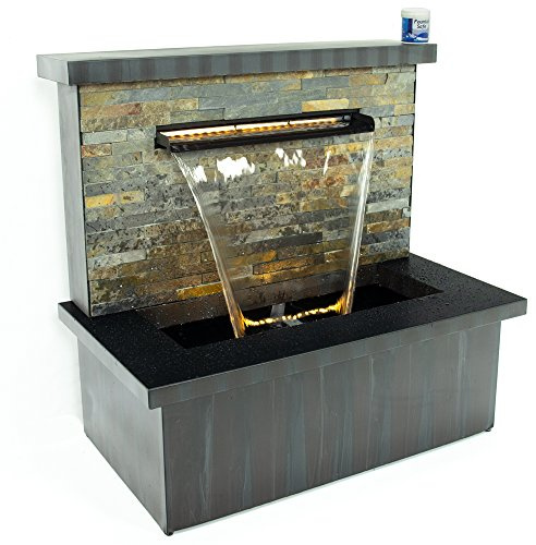 Primrose 70cm Zinc and Stone Sorrento Waterfall Blade Water Feature with Trough & LED Lights Decorative Brick Fountain