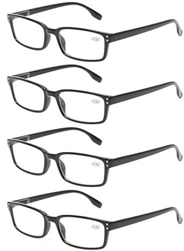 Kerecsen 4-Pack Rectangular Retro Style Men Reading Glasses Spring Hinges Comfortable Readers (+1.25, 4 Pack Black)