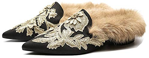 Fericzot Slip On Loafers Womens Embroidery Mule Shoes with Plush Lamb Fur Velvet Slippers Backless Pointed Toe Mule Slides Black Satin-slipper 9