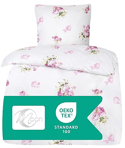 MOON - Rosemarie Bettwäsche Set 155x220 / 80x80 cm -Elegantes florales Muster - 100% Baumwolle - Premiumqualität mit Reißverschluss