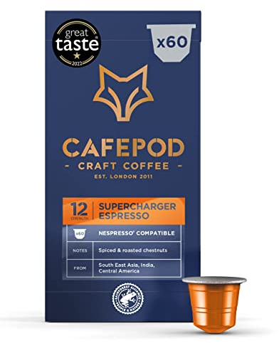 CafePod Espresso Coffee Pods - Compatible with Nespresso Coffee Machine, Intensity 12 with Rich Caramelised Chestnut Notes - Rainforest Alliance Sourced - Supercharger Espresso 60 Capsules
