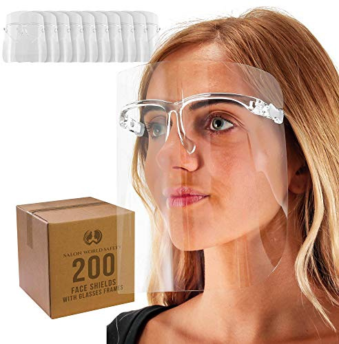 TCP Global Salon World Safety Face Shields with All Clear Glasses Frames (Case of 200) - Ultra Clear Protective Full Face Shields to Protect Eyes, Nose, Mouth - Anti-Fog PET Plastic, Goggles