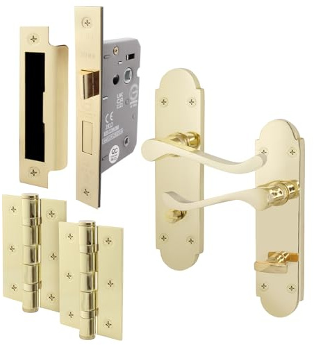 EAI Polished Brass Bathroom Door Handle Set - Victoria Scroll Shaped | 1 Pair of Internal Handles with Hinges (76mm) & Lock (64mm)